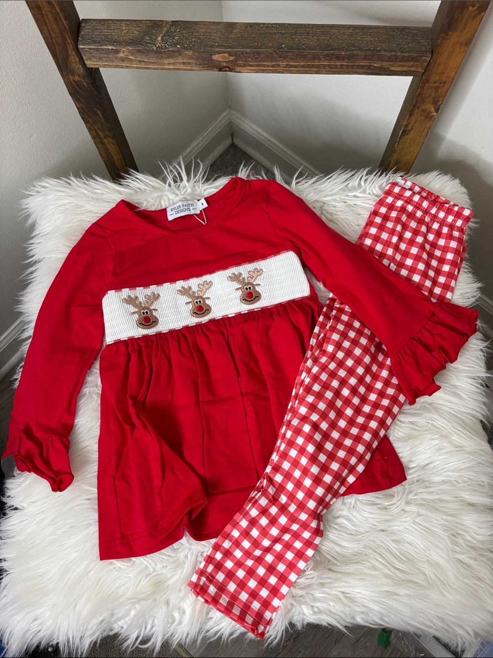 Red Reindeer Smocked Kids Set - Classic Christmas Holiday Size 4